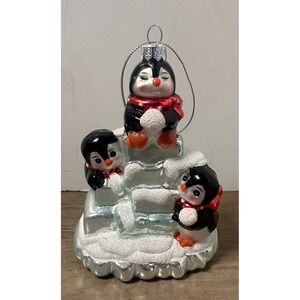 Old World Christmas Glass‎ Blown Penguin Family Christmas Ornament Winter Scene